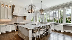 Modern kitchen design with white cabinets and large windows