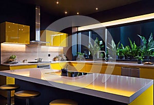 Modern Kitchen Design with Yellow Cabinets, Oak Veneer Panels, Appliances, Neon Lighting,