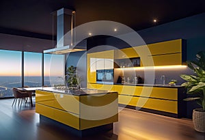 Modern Kitchen Design with Yellow Cabinets, Oak Veneer Panels, Appliances, Neon Lighting,