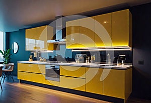 Modern Kitchen Design with Yellow Cabinets, Oak Veneer Panels, Appliances, Neon Lighting,