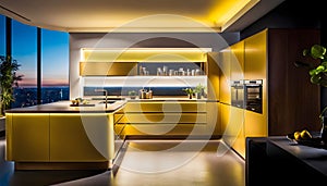 Modern Kitchen Design with Yellow Cabinets, Oak Veneer Panels, Appliances, Neon Lighting,