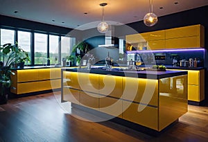 Modern Kitchen Design with Yellow Cabinets, Oak Veneer Panels, Appliances, Neon Lighting,