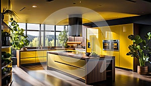 Modern Kitchen Design with Yellow Cabinets, Oak Veneer Panels, Appliances, Neon Lighting,