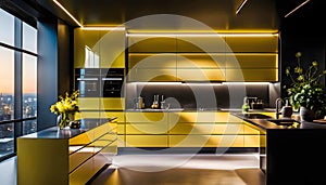 Modern Kitchen Design with Yellow Cabinets, Oak Veneer Panels, Appliances, Neon Lighting,