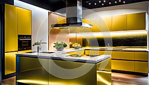 Modern Kitchen Design with Yellow Cabinets, Oak Veneer Panels, Appliances, Neon Lighting,