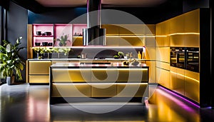 Modern Kitchen Design with Yellow Cabinets, Oak Veneer Panels, Appliances, Neon Lighting,