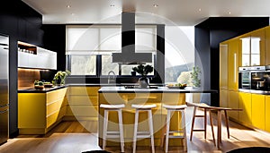 Modern Kitchen Design with Yellow Cabinets, Oak Veneer Panels, Appliances, Neon Lighting,