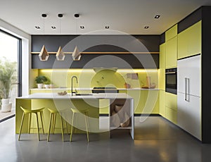 modern kitchen design in yellow, and equipped with glass walls, generative ai