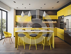 modern kitchen design in yellow, and equipped with glass walls, generative ai