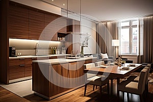 Modern kitchen-dining room with stylish dining table, refrigerator, and functional kitchen line