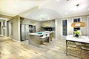 Modern kitchen and dinning area interior view of a house