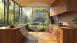 Modern kitchen with expansive forest views