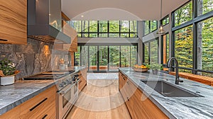 Modern kitchen with expansive forest views