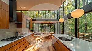Modern kitchen with expansive forest views