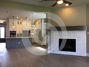 Modern kitchen and family room in a new house