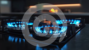 A modern kitchen featuring a large stovetop with a gas burner.