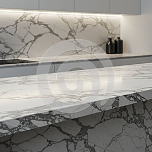 Modern kitchen featuring white cabinets and a countertop of polished marble with