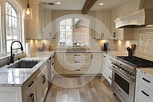 A modern kitchen featuring white cabinets and wooden floors