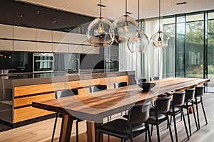 Modern kitchen featuring wooden table and stylish glass pendant lights, modern design