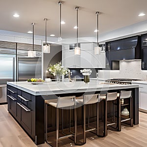A modern kitchen with glossy white cabinets, stainless steel appliances, and a large center island with bar stools for casual di