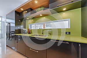Modern kitchen with green quartz counter top