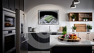 Modern kitchen illustration with mockup frame. Free blank copy space for advertisement.