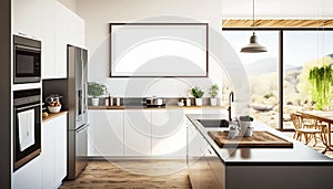 Modern kitchen illustration with mockup frame. Free blank copy space for advertisement.