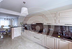 Modern kitchen interior. Appartement design Wide angle photo