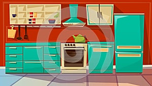 Modern kitchen interior background vector cartoon illustration of kitchen furniture and appliances