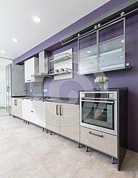 Modern kitchen interior with beige stone pannels and custome made details