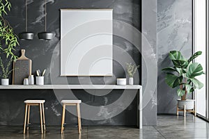 Modern Kitchen Interior with Blank Frame Mockup on Wall