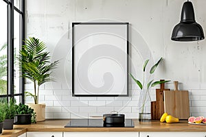 Modern Kitchen Interior with Blank Frame Mockup on Wall