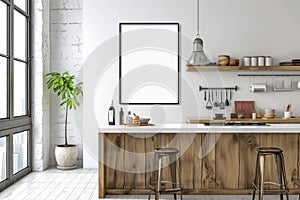 Modern Kitchen Interior with Blank Frame Mockup on Wall