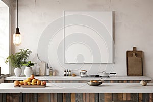 Modern Kitchen Interior with Blank Frame Mockup on Wall