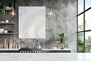 Modern Kitchen Interior with Blank Frame Mockup on Wall