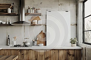 Modern Kitchen Interior with Blank Frame Mockup on Wall
