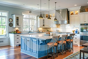 Modern kitchen interior with blue island and white cabinets