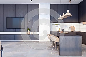 Modern kitchen interior with clean counters, stylish furniture against a dark wood and white wall background, displaying a