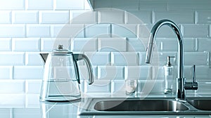 Modern kitchen interior with clean white tiles and stainless steel sink. Glass jug by the tap. Perfect for modern living