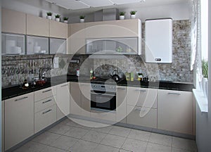 Modern kitchen interior conservative tones, 3D render