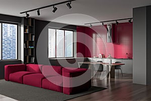 Modern kitchen interior with couch and table with chairs, relax area and window