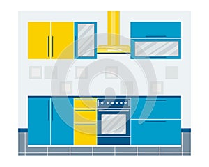 Modern kitchen interior with cupboards, side tables, stove, oven, extractor hood. Vector illustration in a flat style