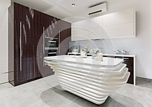 Modern kitchen interior with dark cherry 3D face pannels and white island