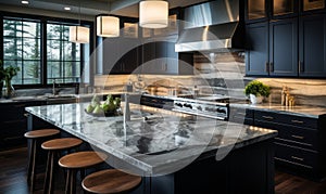 Modern kitchen interior with dark wood cabinets, marble countertops, and stainless steel appliances illuminated by pendant lights