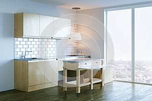 Modern kitchen interior design with panoramic window 3d render