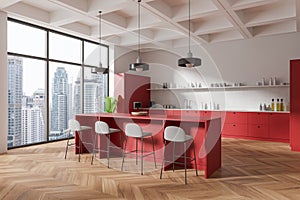 Modern kitchen interior design with red cabinets