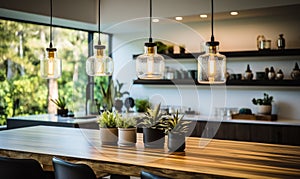 Modern kitchen interior design with stylish pendant lights hanging over a wooden countertop, indoor plants adding a touch of
