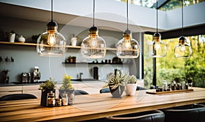 Modern kitchen interior design with stylish pendant lights hanging over a wooden countertop, indoor plants adding a touch of
