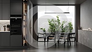 Modern kitchen interior with dinning area and window, 3d rendering