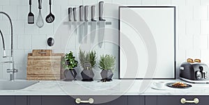 Modern kitchen interior with empty banner, mock up